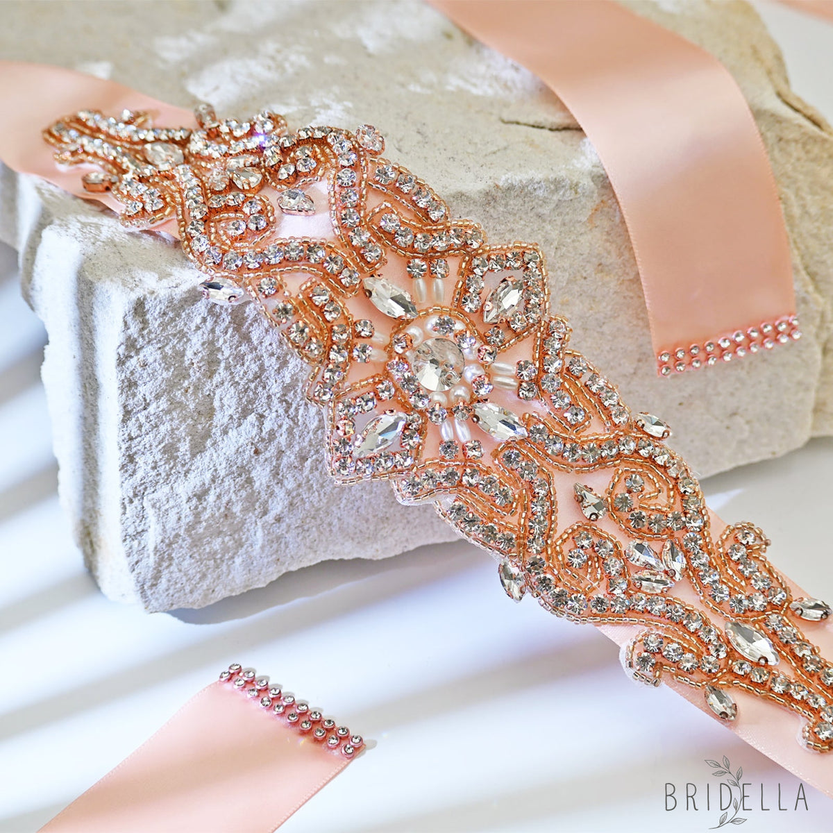 Rose Gold Rhinestone & Pearl Belt - Retro Pink Ribbon - Belts