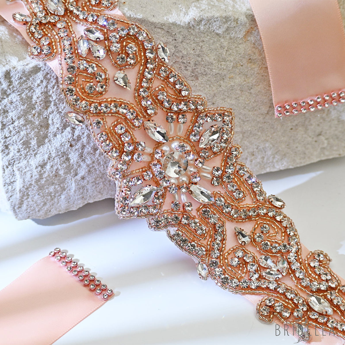 Rose Gold Rhinestone & Pearl Belt - Retro Pink Ribbon - Belts