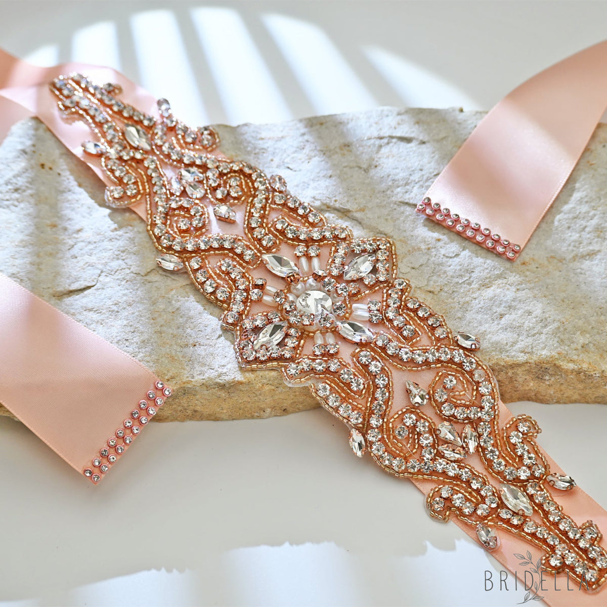 Rose Gold Rhinestone & Pearl Belt - Retro Pink Ribbon - Belts