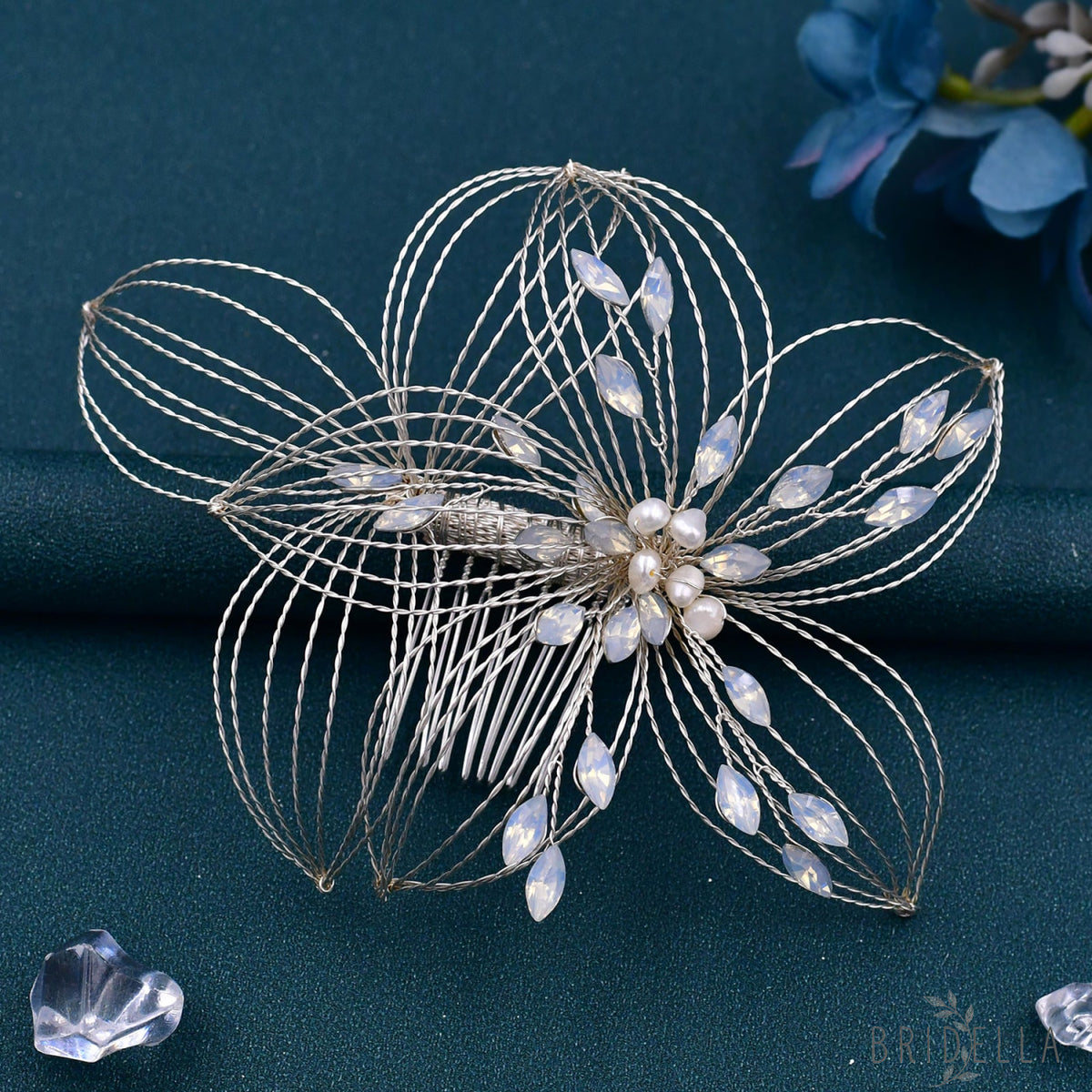 BHP257-S silver rhinestone pearl hair comb
