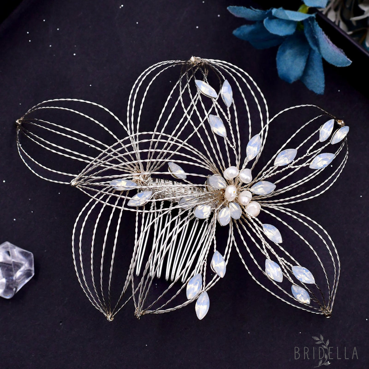 BHP257-S silver rhinestone pearl hair comb