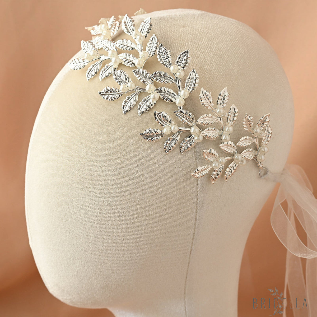 Silver Pearl & Alloy Leaf Bridal Headband - Bridella BHP353-S - Silvery - HEADWEAR