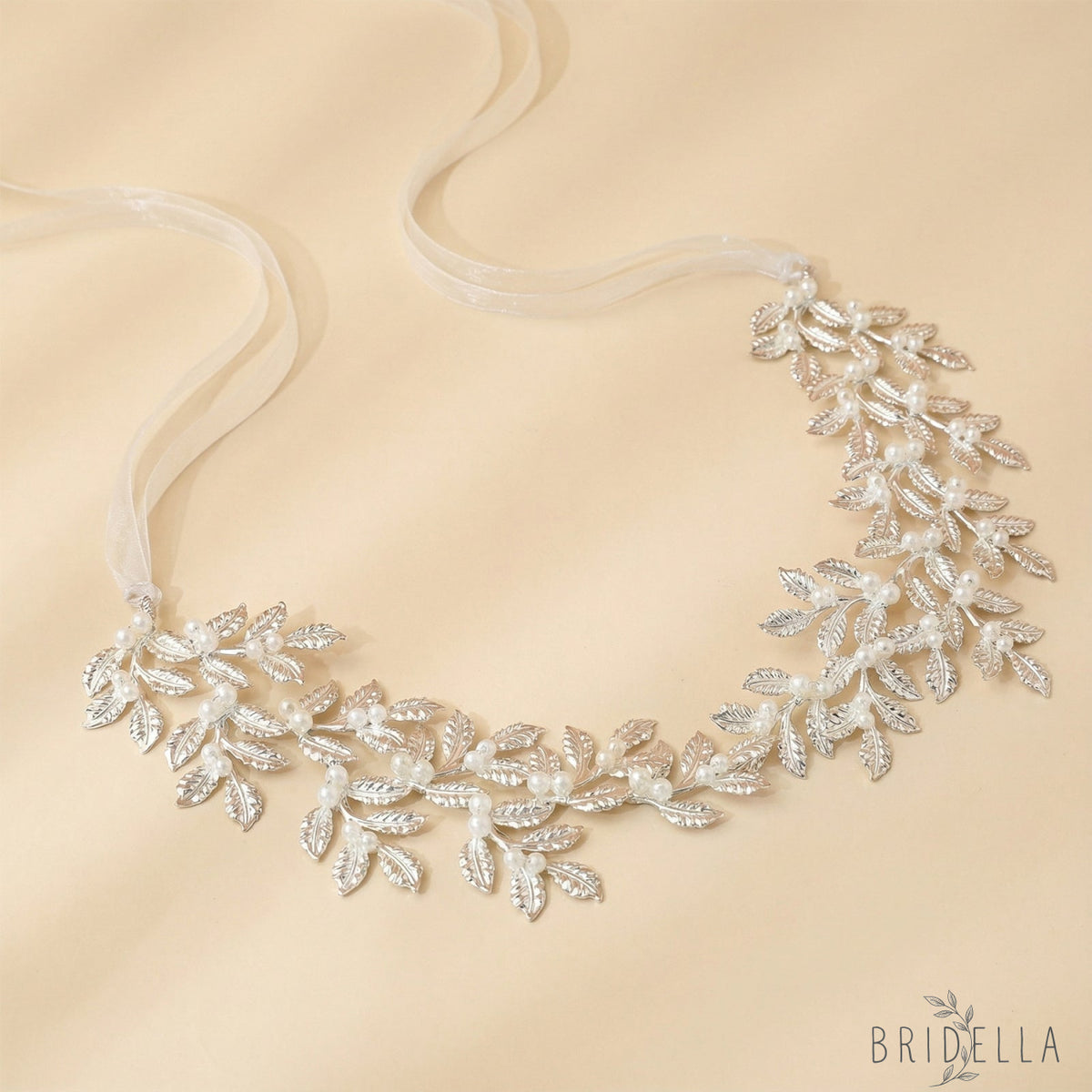 Silver Pearl & Alloy Leaf Bridal Headband - Bridella BHP353-S - Silvery - HEADWEAR