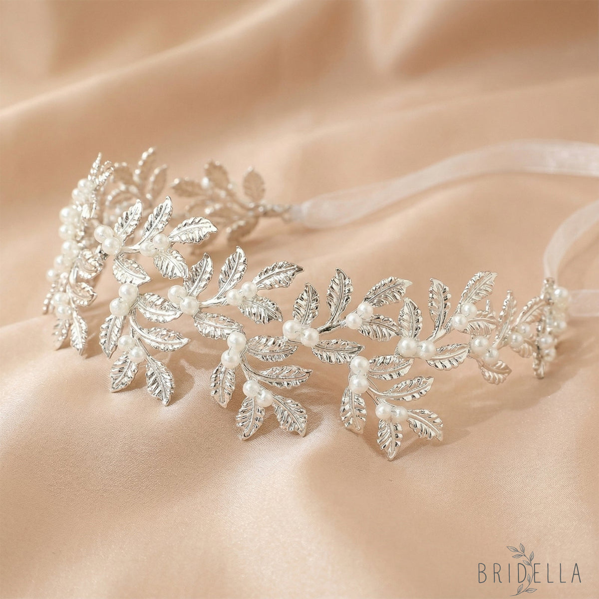 Silver Pearl & Alloy Leaf Bridal Headband - Bridella BHP353-S - Silvery - HEADWEAR