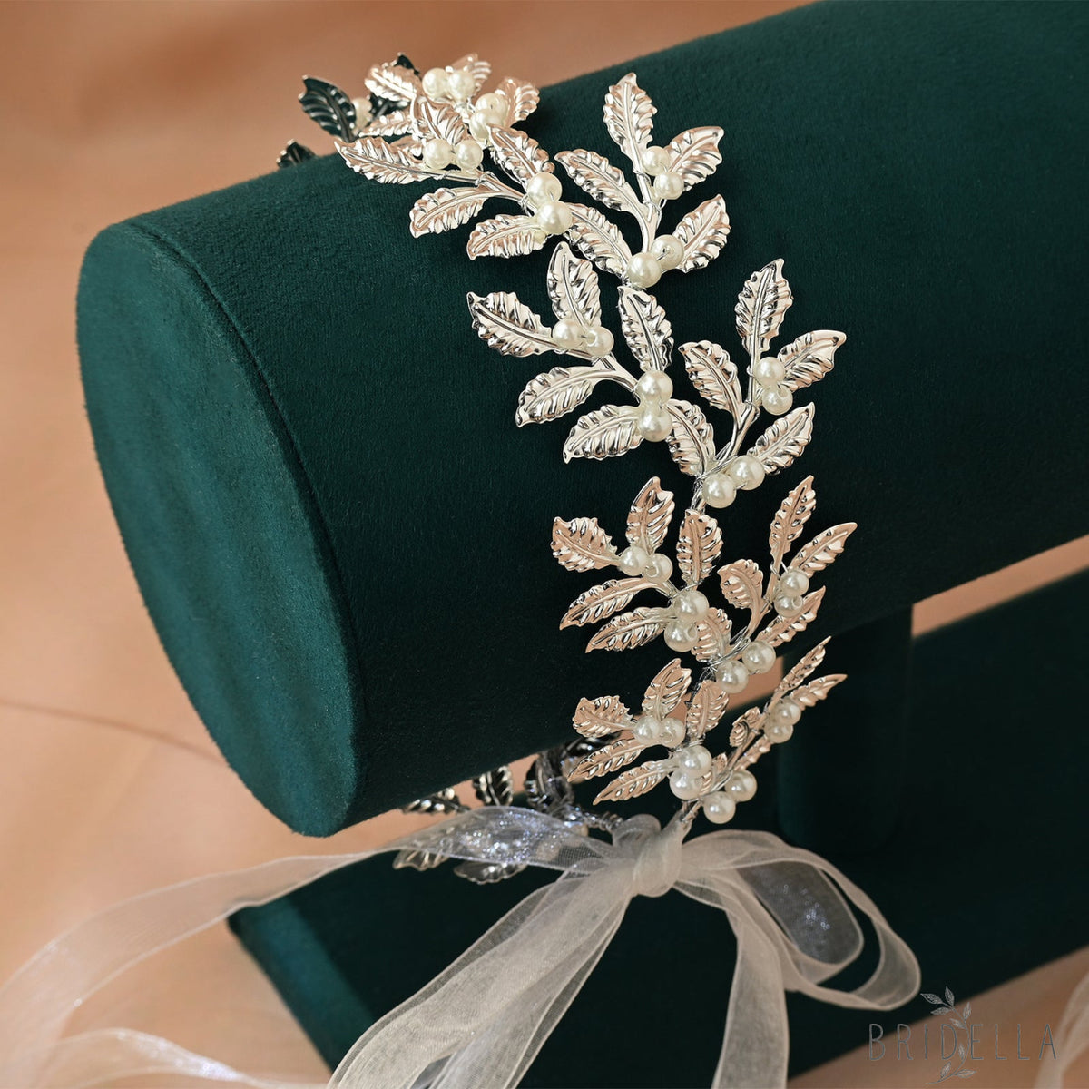 Silver Pearl & Alloy Leaf Bridal Headband - Bridella BHP353-S - Silvery - HEADWEAR
