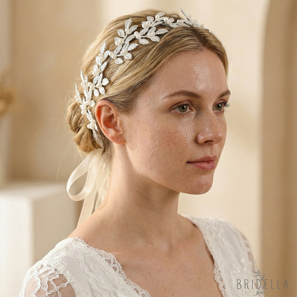 Silver Pearl & Alloy Leaf Bridal Headband - Bridella BHP353-S - Silvery - HEADWEAR