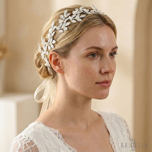 Silver Pearl & Alloy Leaf Bridal Headband - Bridella BHP353-S - Silvery - HEADWEAR