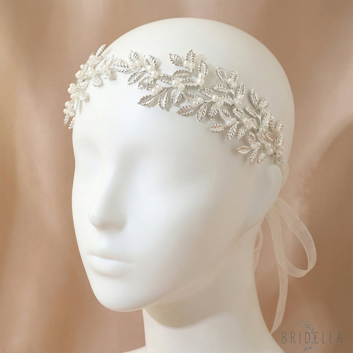 Silver Pearl & Alloy Leaf Bridal Headband - Bridella BHP353-S - Silvery - HEADWEAR