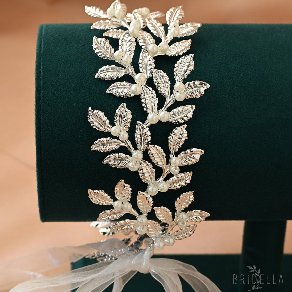 Silver Pearl & Alloy Leaf Bridal Headband - Bridella BHP353-S - Silvery - HEADWEAR