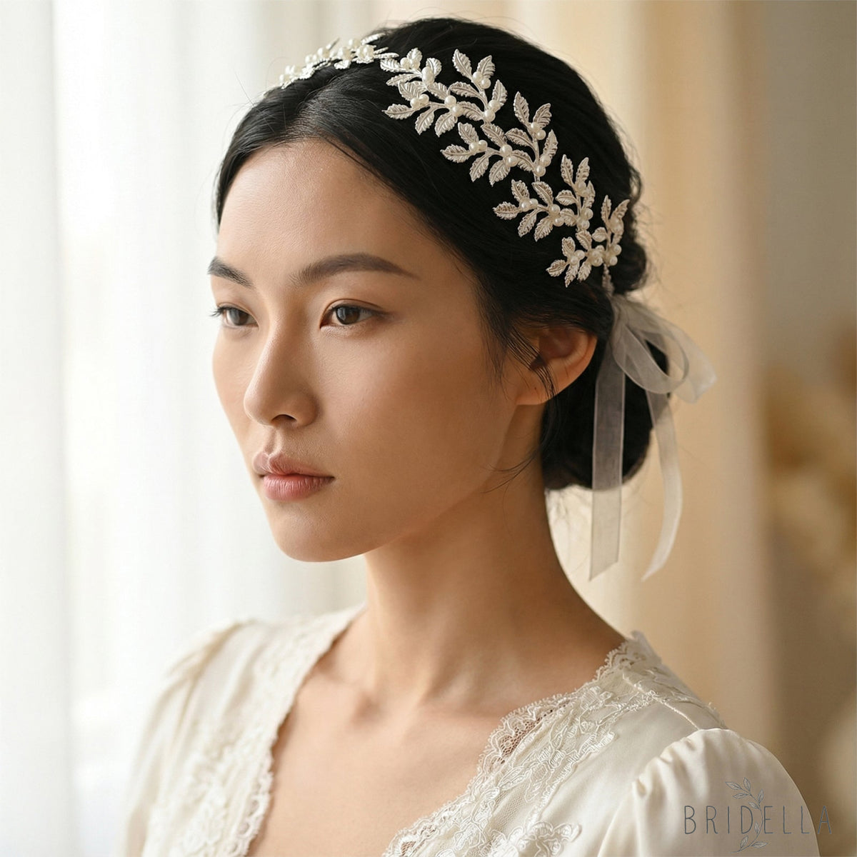 Silver Pearl & Alloy Leaf Bridal Headband - Bridella BHP353-S - Silvery - HEADWEAR