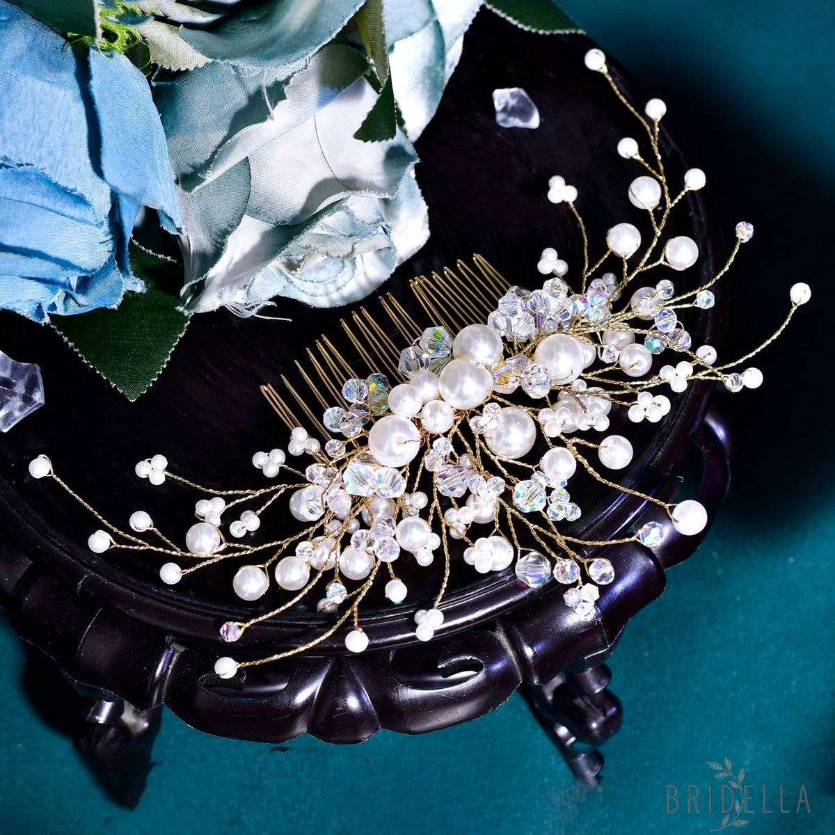 BHP878-S silver pearl crystal hair comb
