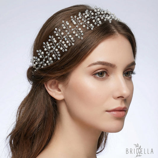 Silver Pearl & Crystal Bridal Tiara Crown - Bridella BHP55-S - Silvery - HEADWEAR