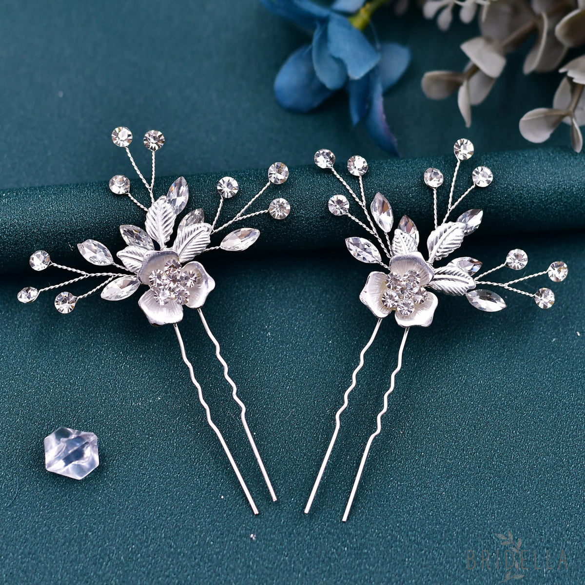 Silver Rhinestone Bridal Hair Fork Wedding Accessory - Bridella BHP343-Fork - White
