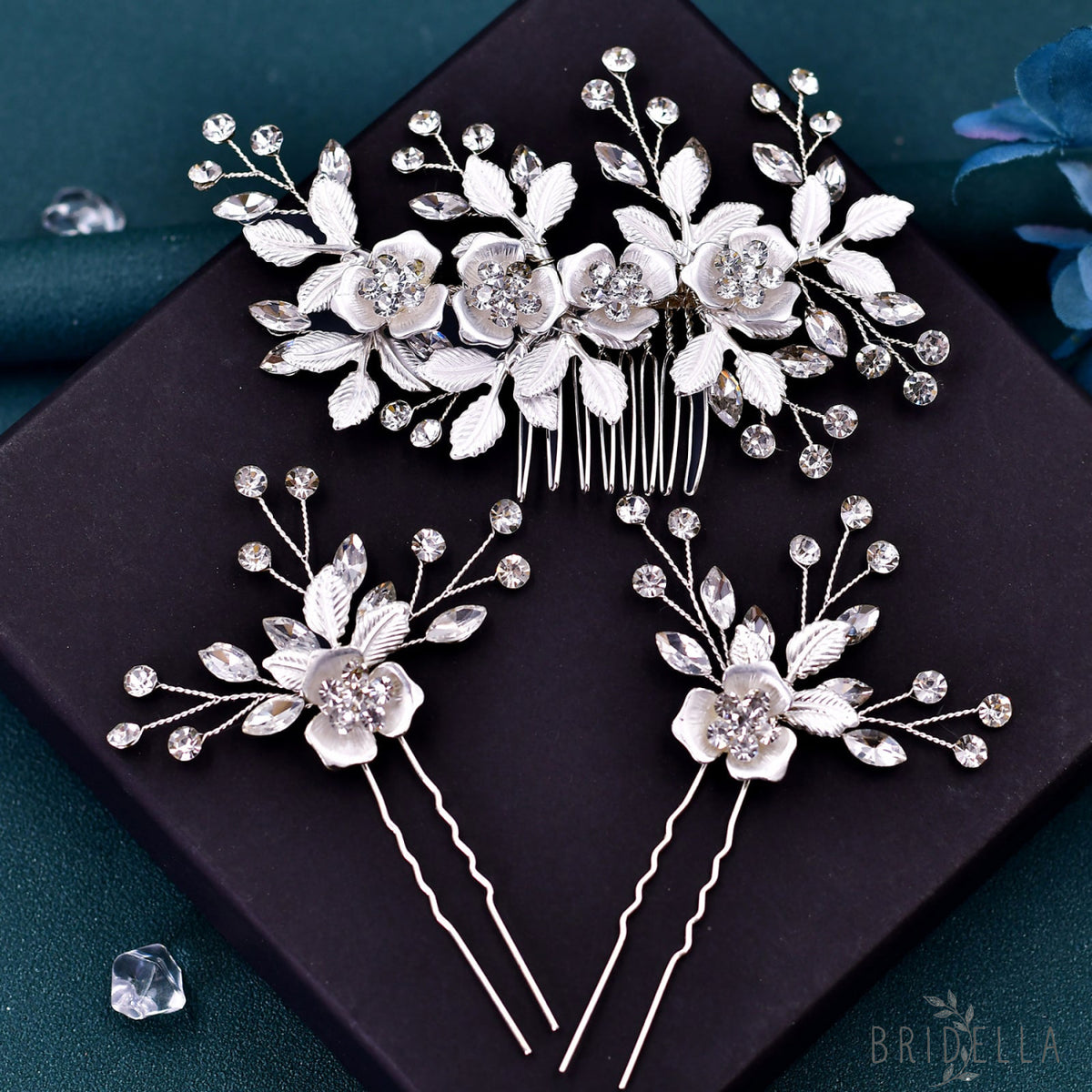 Silver Rhinestone Bridal Hair Fork Wedding Accessory - Bridella BHP343-Fork - White