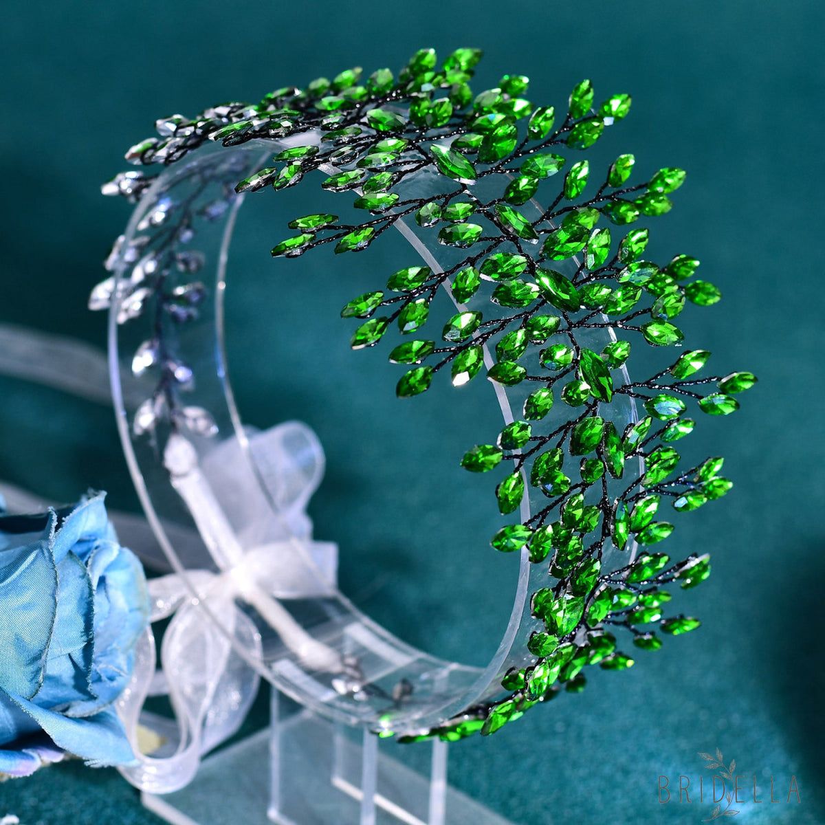 Silver Rhinestone Bridal Headband for Wedding - Bridella BHP237-S - green