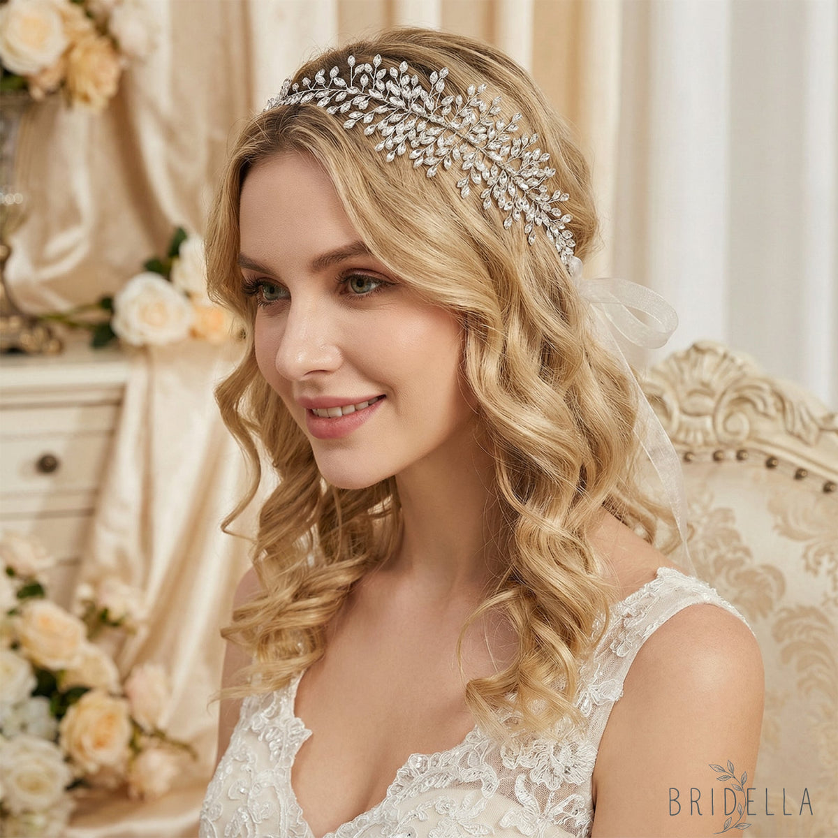 Silver Rhinestone Bridal Headband for Wedding - Bridella BHP237-S - White