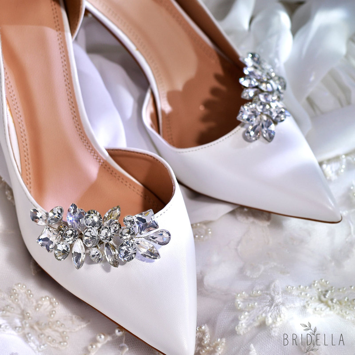 Silver Rhinestone Bridal Shoe Clips Wedding Heel Decoration - Bridella BHX51 - White