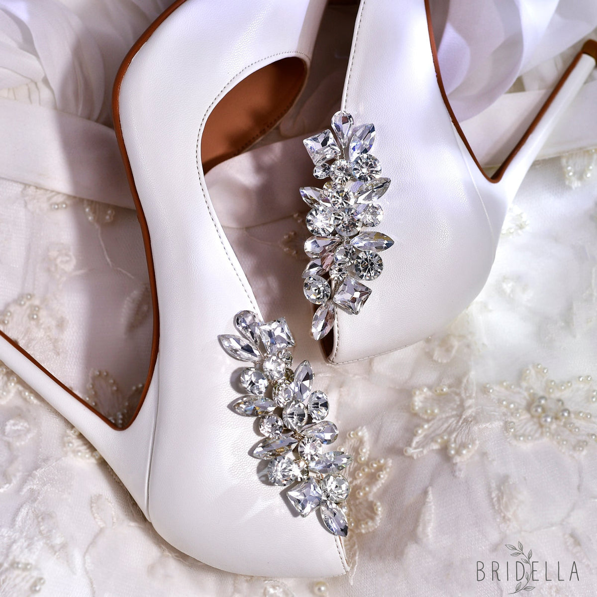 Silver Rhinestone Bridal Shoe Clips Wedding Heel Decoration - Bridella BHX51 - White
