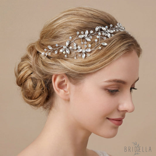 Silver Rhinestone & Crystal Vine Bridal Headband - Bridella BHP142 - Silvery - HEADWEAR