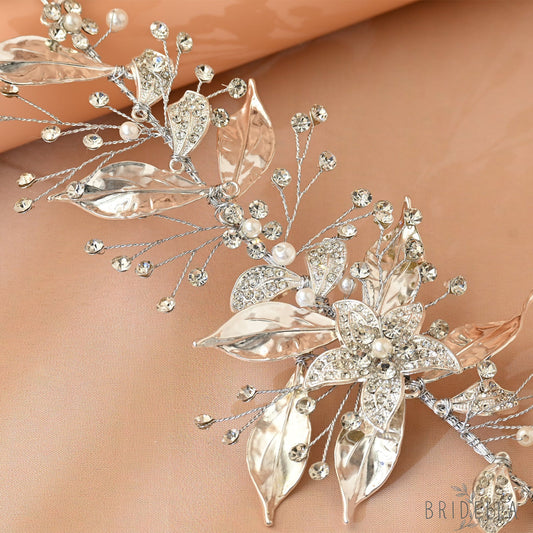 Silver Rhinestone Floral Fascinator Headpiece - Bridella BHP299-S - Silvery - HEADWEAR