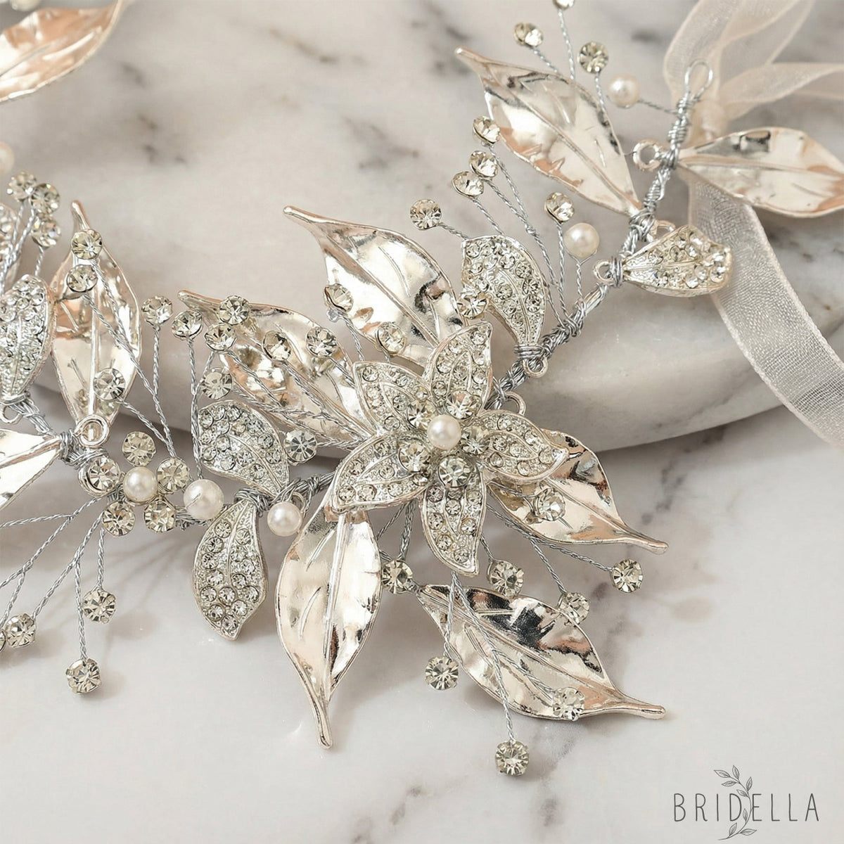 Silver Rhinestone Floral Fascinator Headpiece - Bridella BHP299-S - Silvery - HEADWEAR