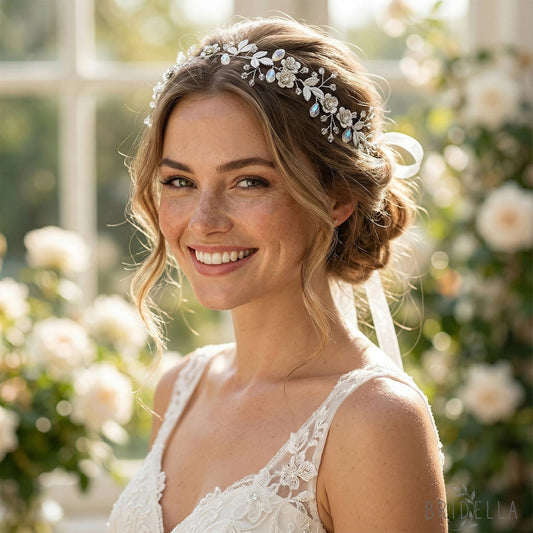Silver Rhinestone Leaf Bridal Headband - Bridella BHP350-S - Silvery - HEADWEAR