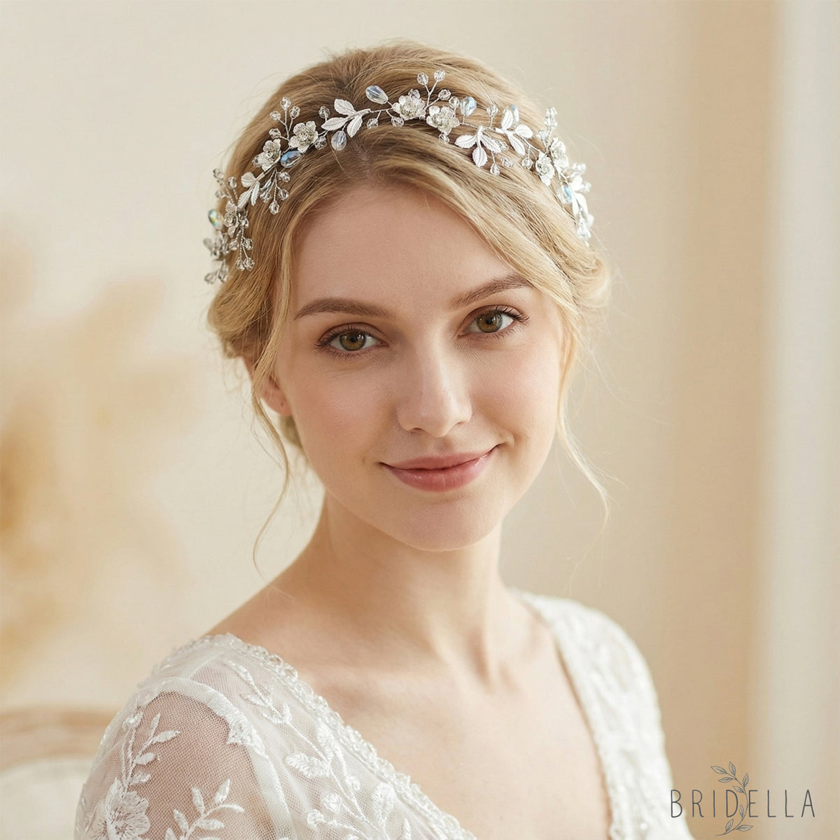 Silver Rhinestone Leaf Bridal Headband - Bridella BHP350-S - Silvery - HEADWEAR