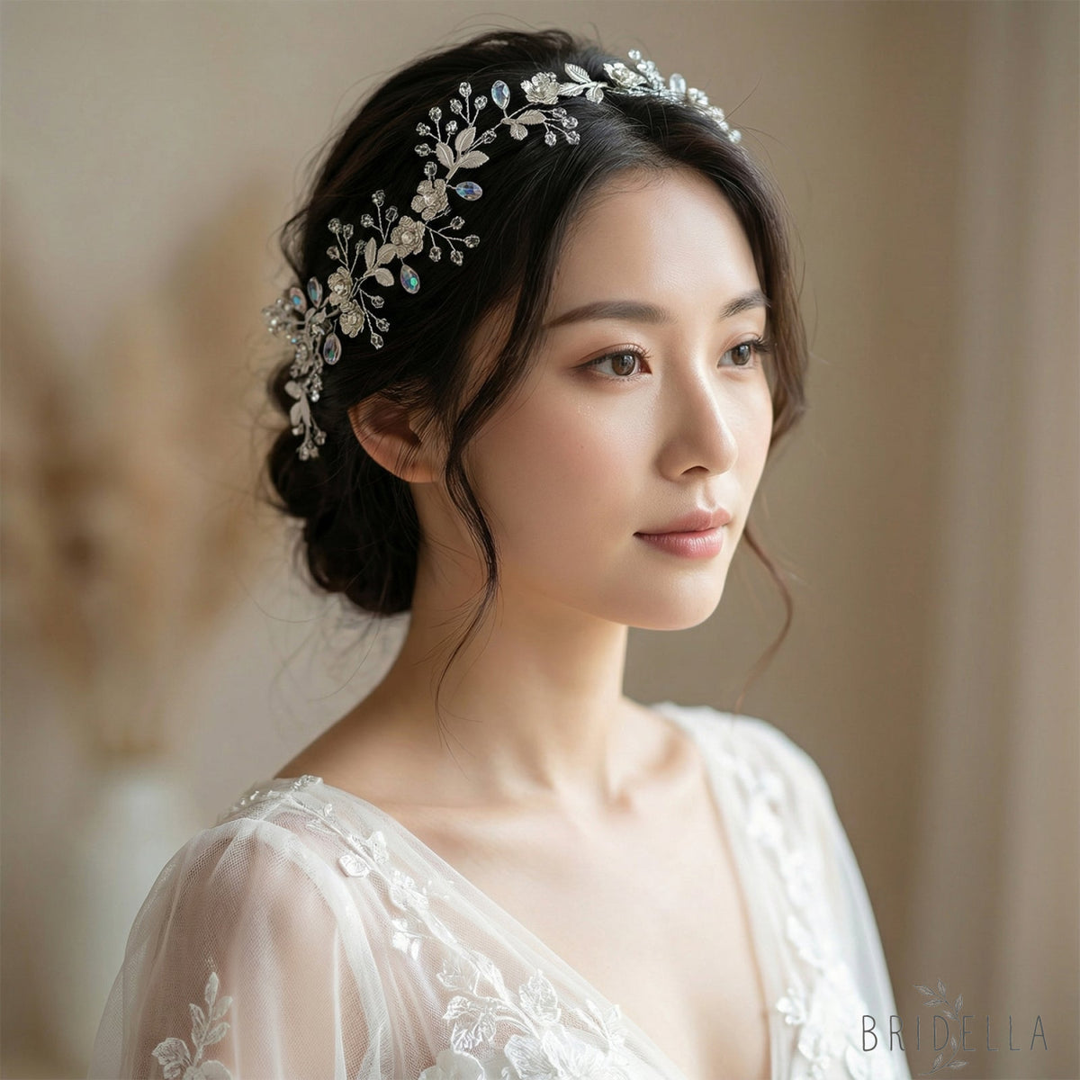 Silver Rhinestone Leaf Bridal Headband - Bridella BHP350-S - Silvery - HEADWEAR