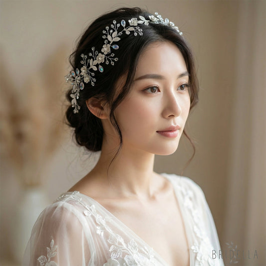 Silver Rhinestone Leaf Bridal Headband - Bridella BHP350-S - Silvery - HEADWEAR