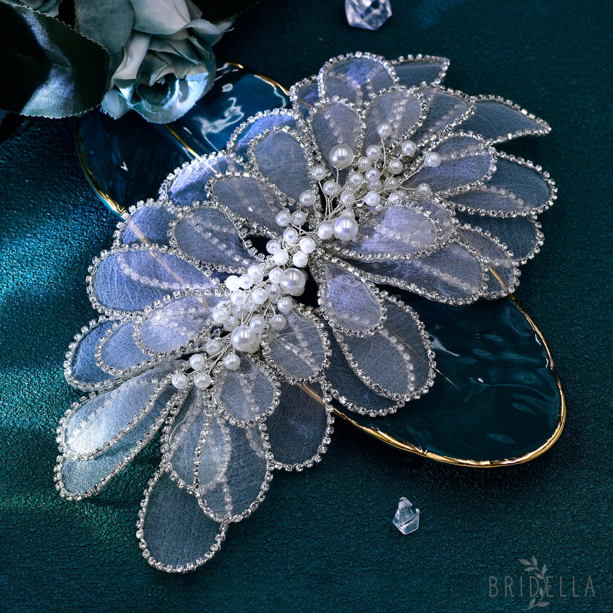 BHP681-S silver rhinestone organza headband