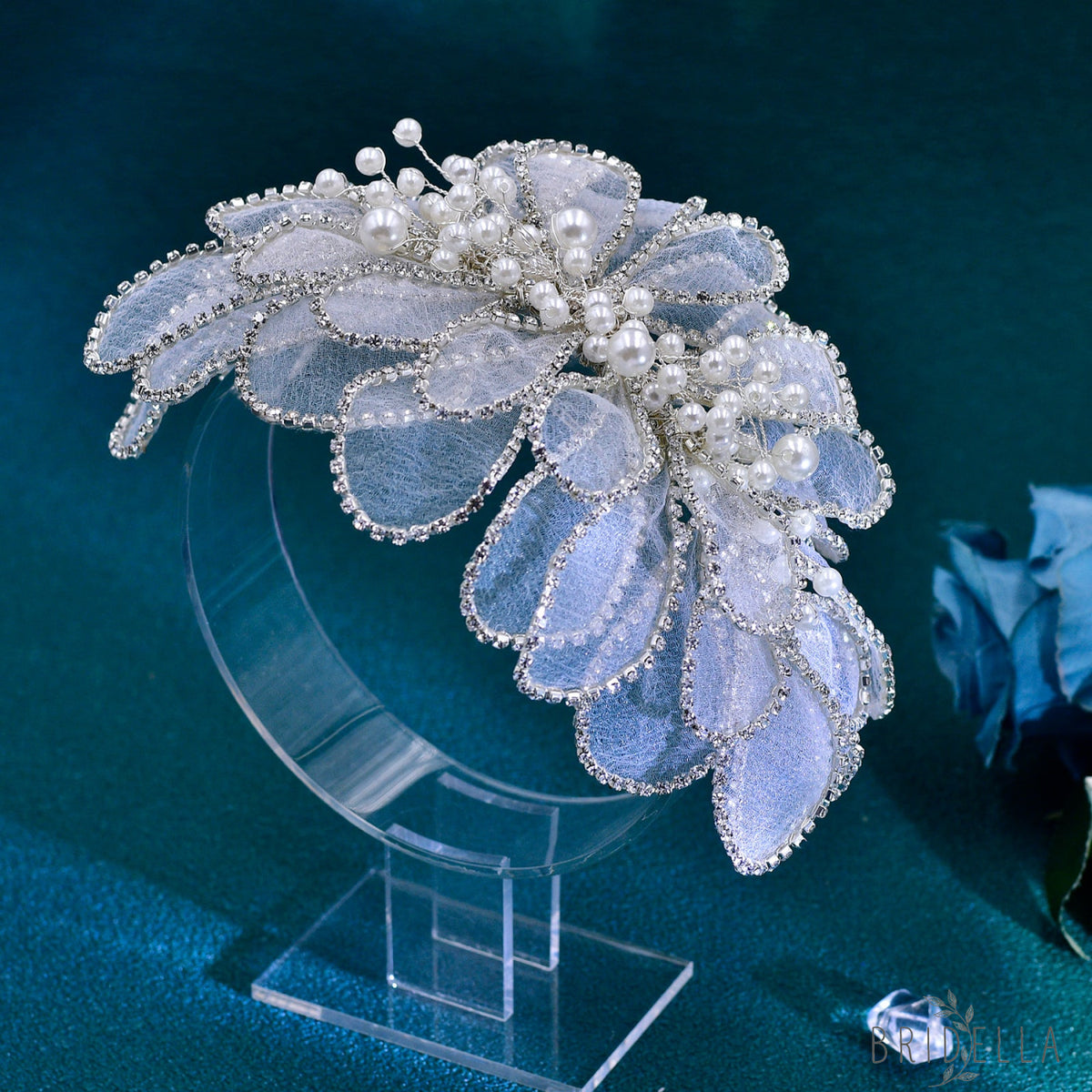 BHP681-S silver rhinestone organza headband