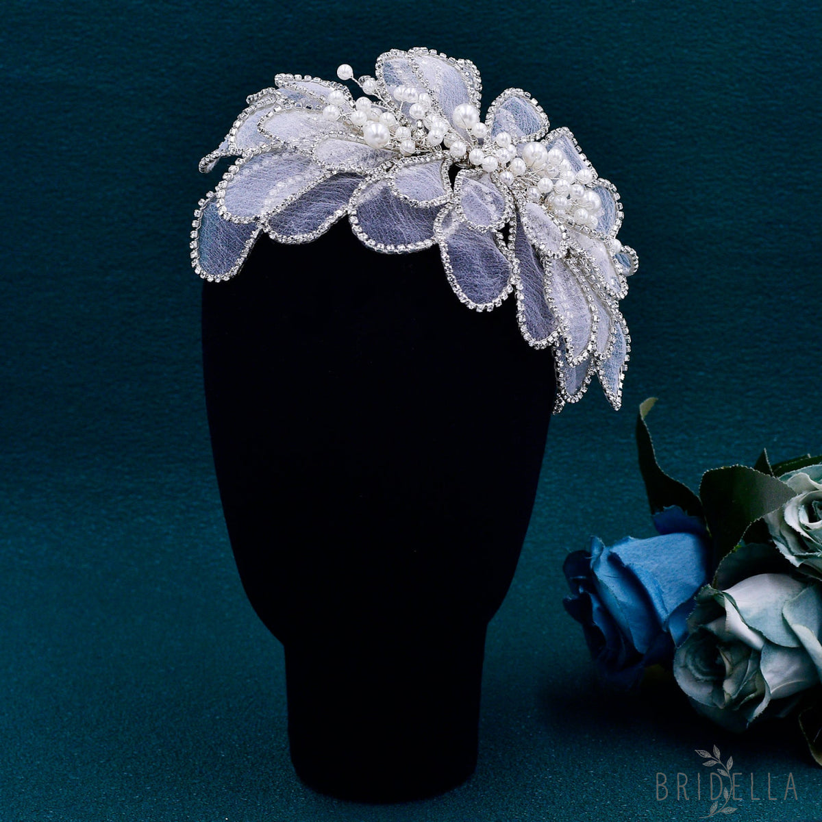 BHP681-S silver rhinestone organza headband