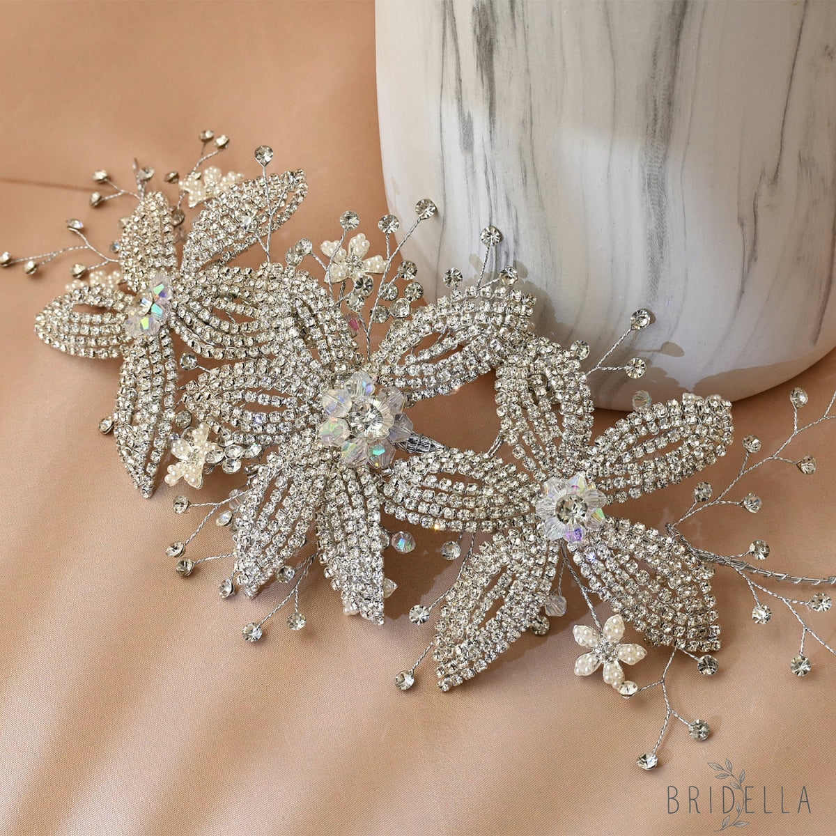 Silver Rhinestone Pearl Bridal Crown Wedding Headpiece - Bridella BHP252-S - Silvery - HEADWEAR