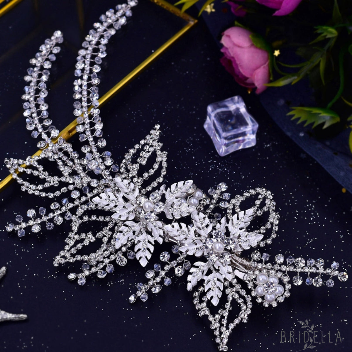 BHP254-S silver rhinestone pearl crown