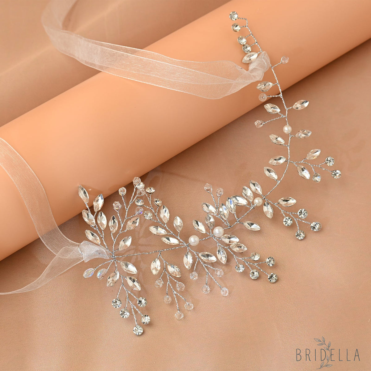 Silver Rhinestone Pearl Bridal Fascinator Wedding Headpiece - Bridella BHP21-S - HEADWEAR