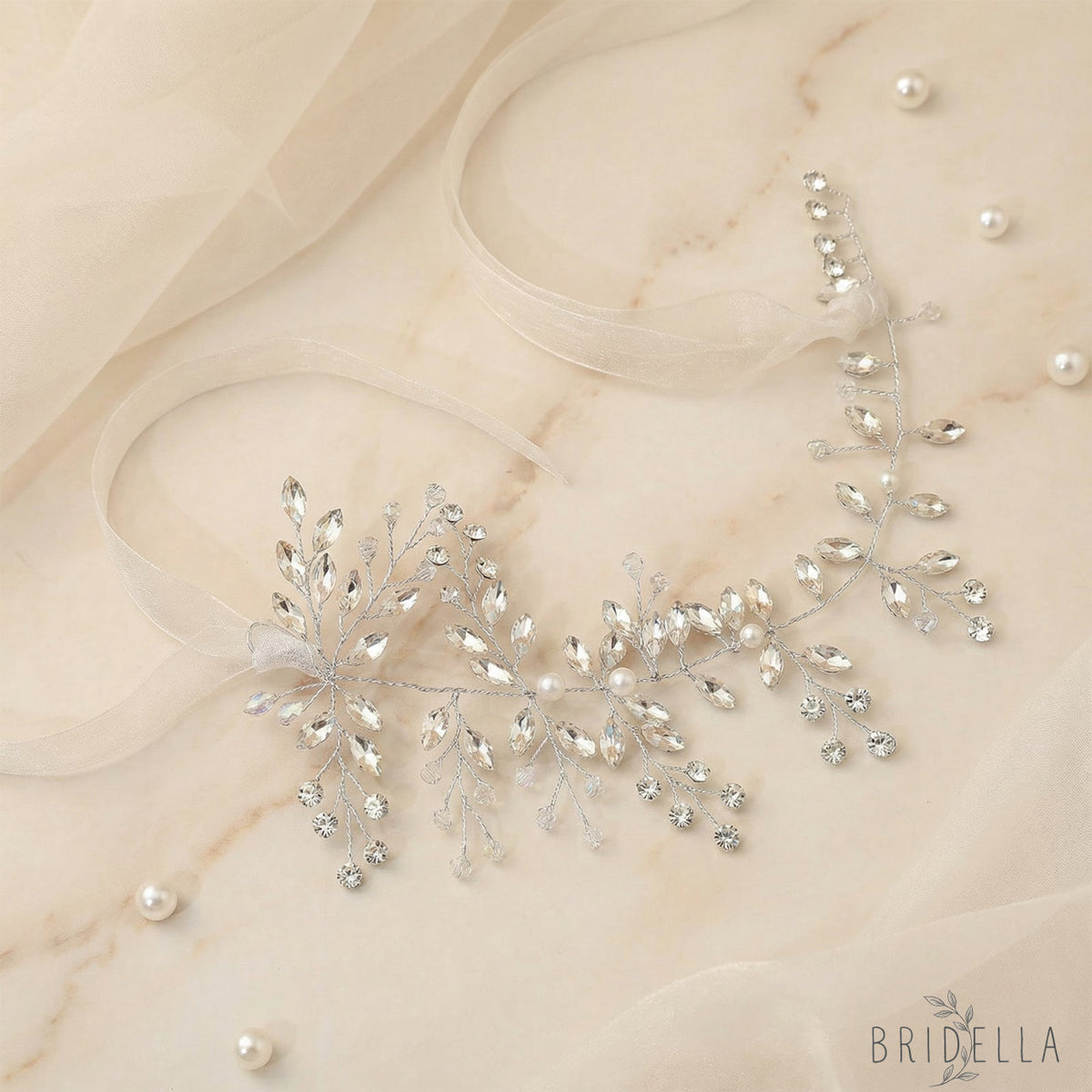 Silver Rhinestone Pearl Bridal Fascinator Wedding Headpiece - Bridella BHP21-S - HEADWEAR