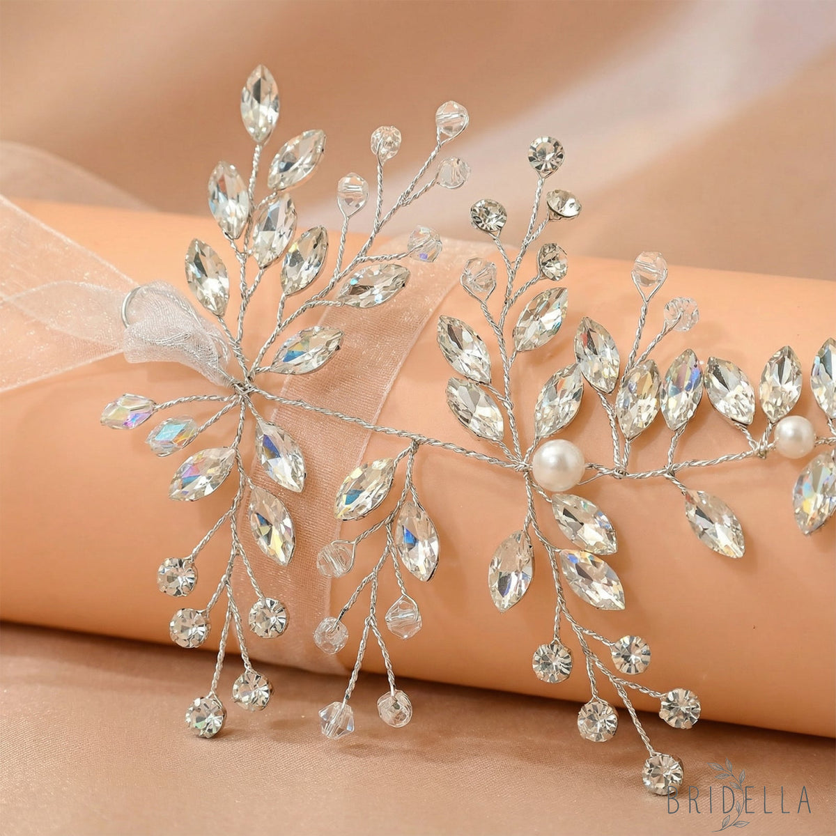 Silver Rhinestone Pearl Bridal Fascinator Wedding Headpiece - Bridella BHP21-S - HEADWEAR