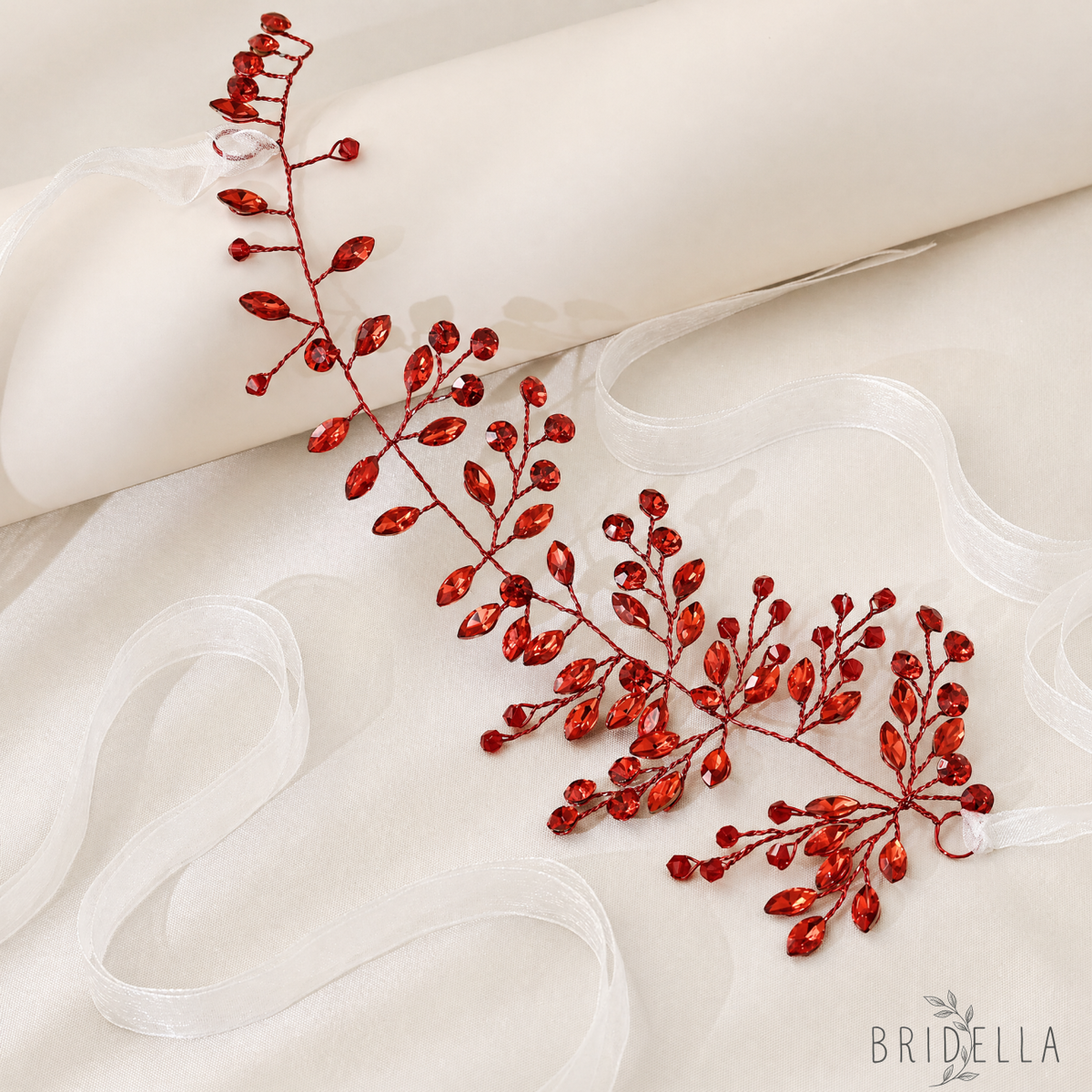 Silver Rhinestone Pearl Bridal Fascinator Wedding Headpiece - Bridella BHP21-S - Red - HEADWEAR