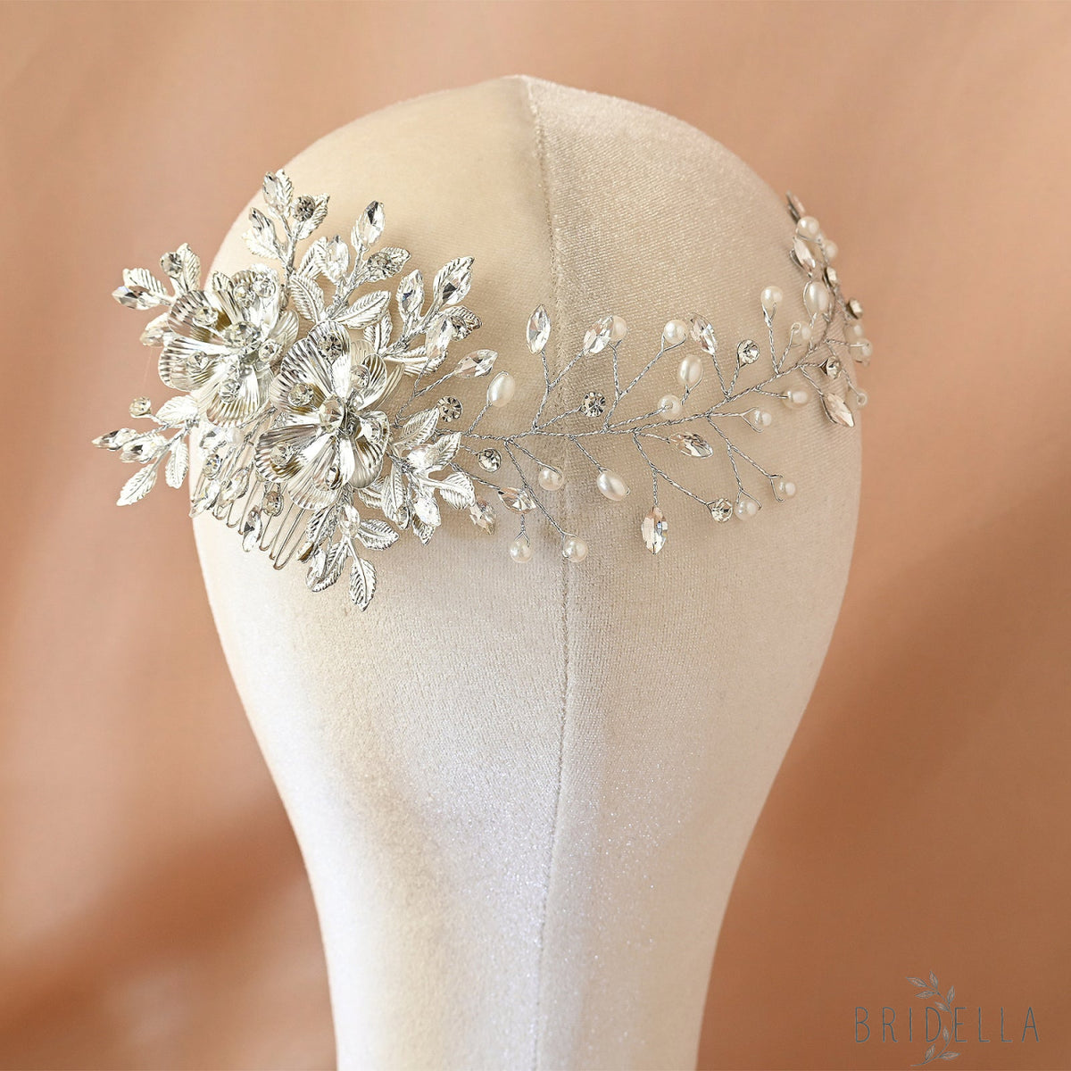 Silver Rhinestone Pearl Bridal Hair Comb Bridella BHP511-S - Silvery - HEADWEAR