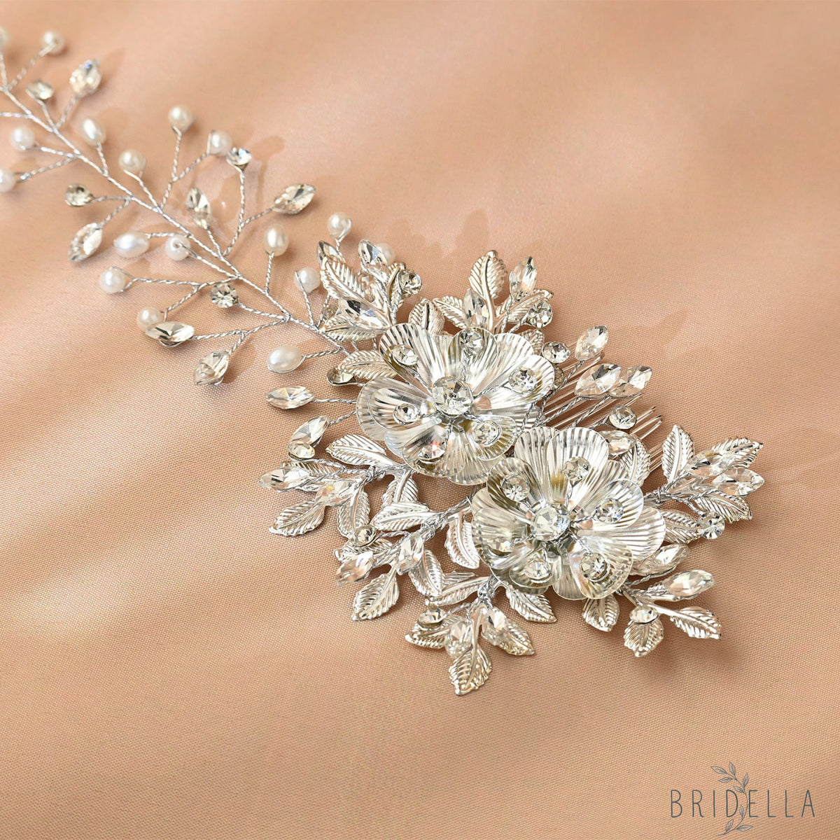 Silver Rhinestone Pearl Bridal Hair Comb Bridella BHP511-S - Silvery - HEADWEAR