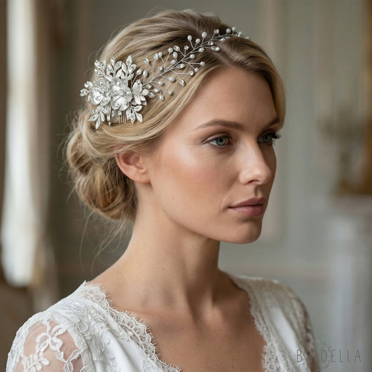 Silver Rhinestone Pearl Bridal Hair Comb Bridella BHP511-S - Silvery - HEADWEAR