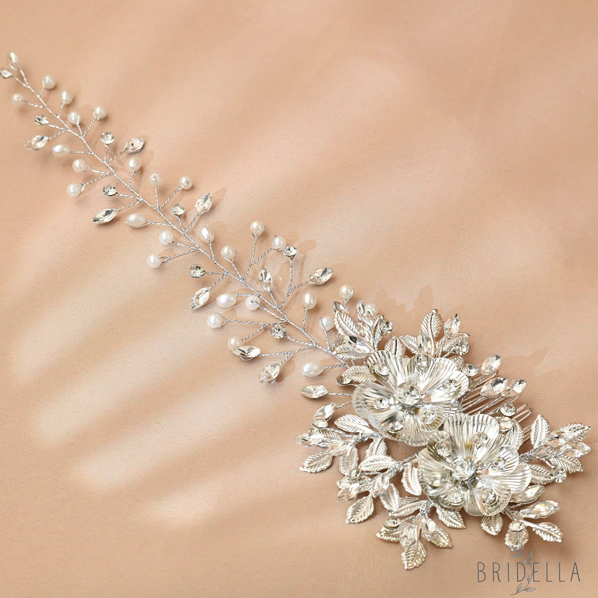 Silver Rhinestone Pearl Bridal Hair Comb Bridella BHP511-S - Silvery - HEADWEAR