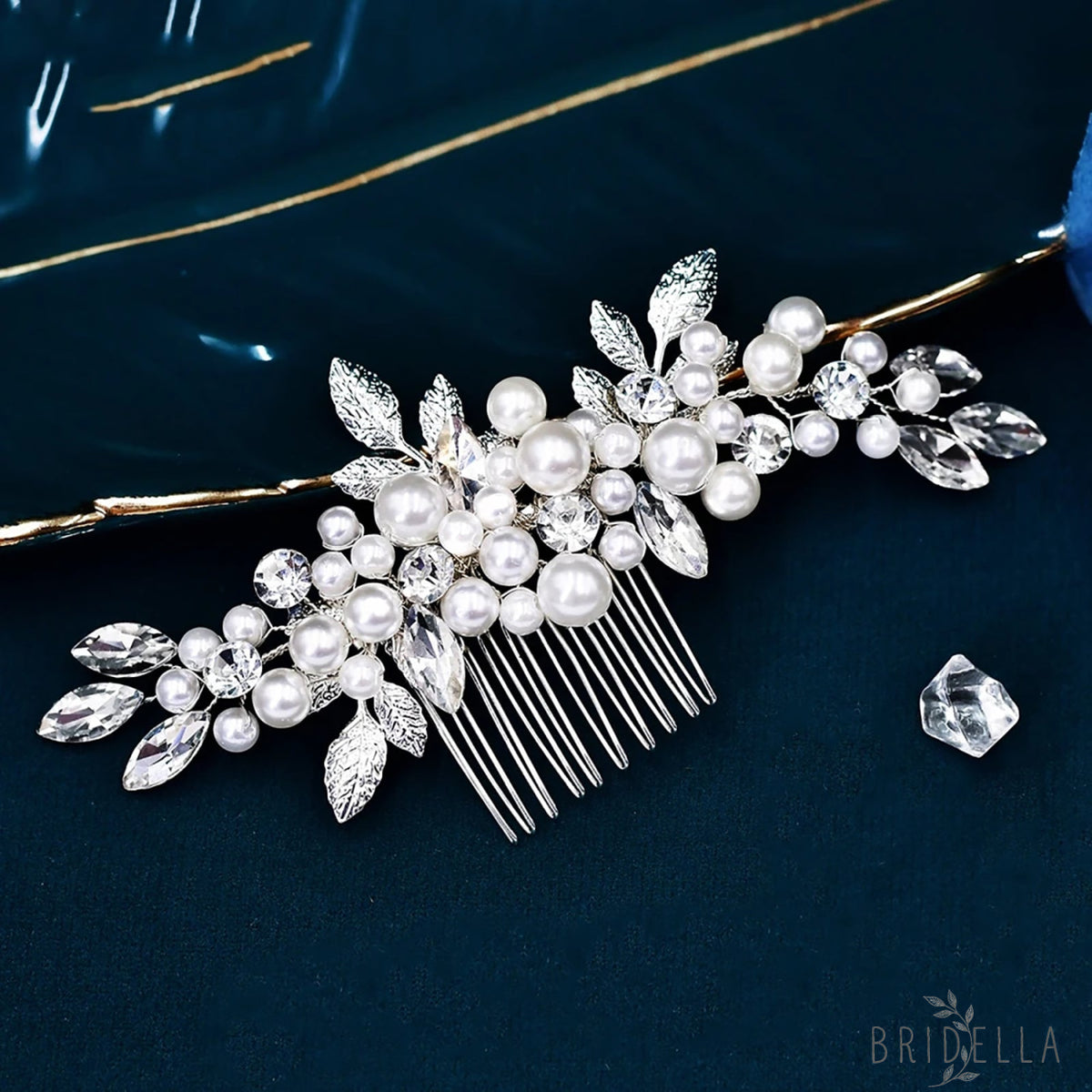 BHP596-S silver rhinestone pearl hair comb