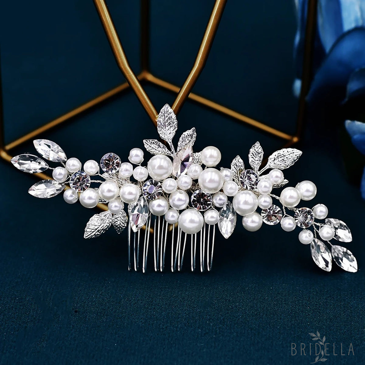 BHP596-S silver rhinestone pearl hair comb