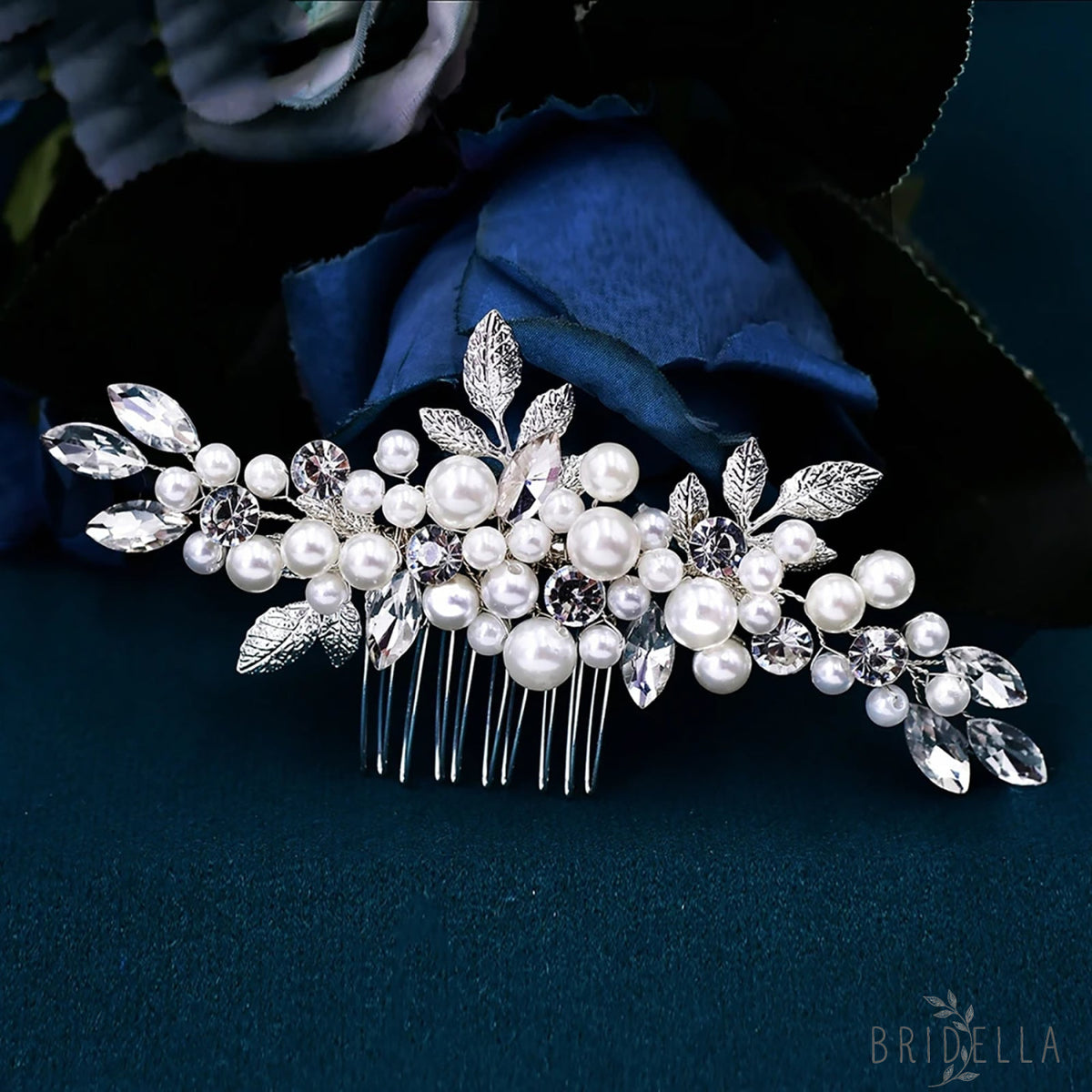 BHP596-S silver rhinestone pearl hair comb