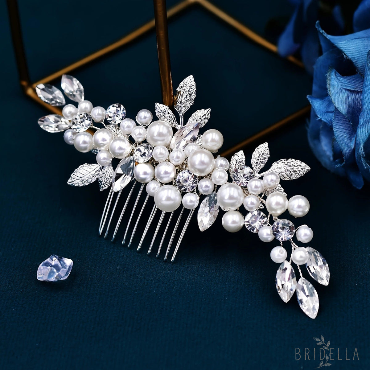 BHP596-S silver rhinestone pearl hair comb
