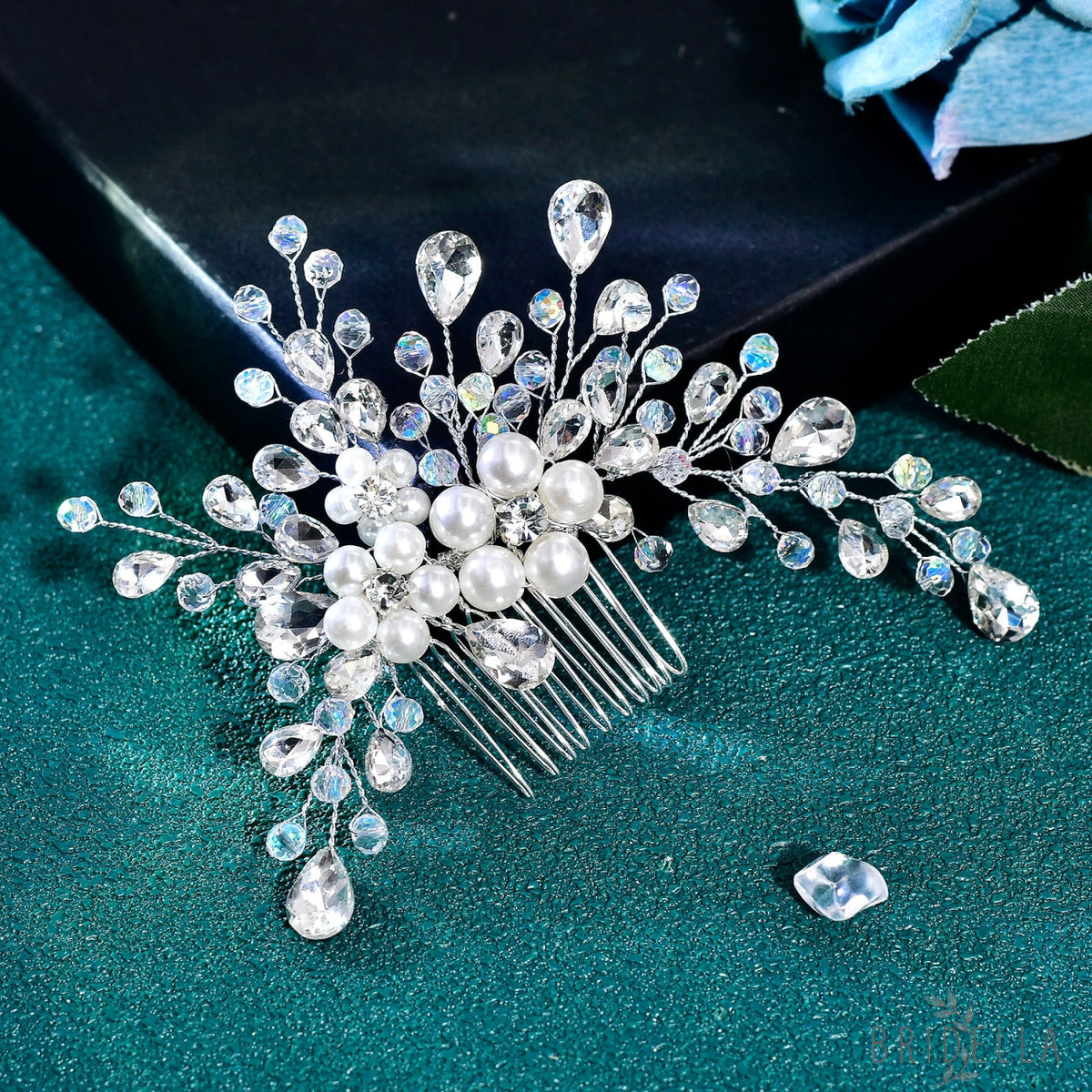 BHP850-S silver rhinestone pearl hair comb