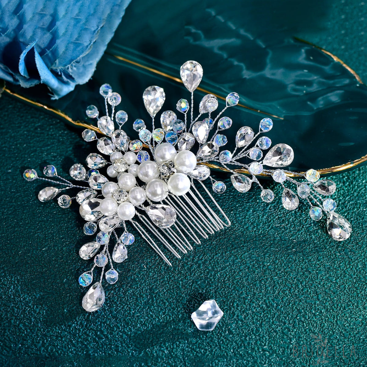 BHP850-S silver rhinestone pearl hair comb