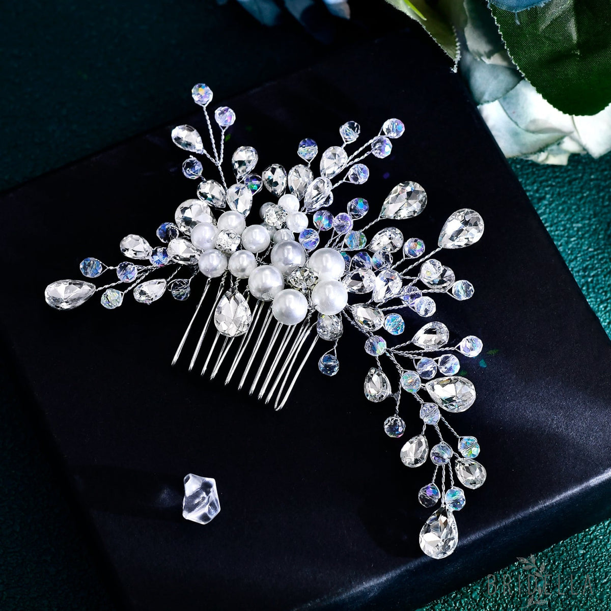 BHP850-S silver rhinestone pearl hair comb