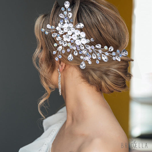 BHP850-S silver rhinestone pearl hair comb